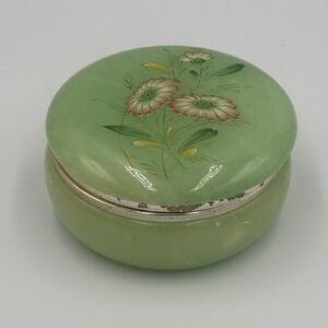 Vintage Alabaster Vanity Trinket Jewelry Powder‎ Hinged Box Green Floral Pattern